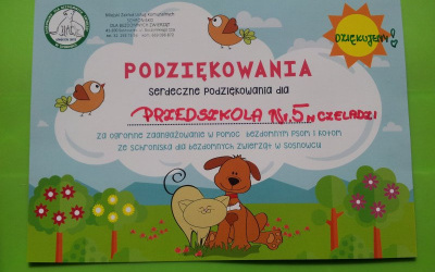 Podziękowanie za pomoc ze Schroniska dla Bezdomnych Zwierząt w Sosnowcu-Milowicach